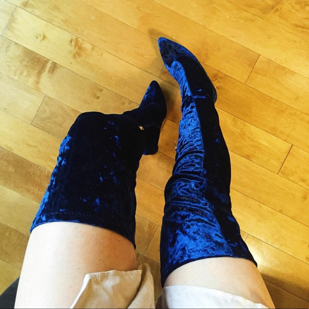 Thigh high blue velvet boots